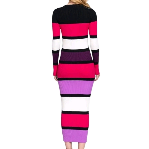 Boutique Ribbed Knit Sweater Long Sleeve Color Block Striped Midi Maxi Dress - Picture 3 of 13